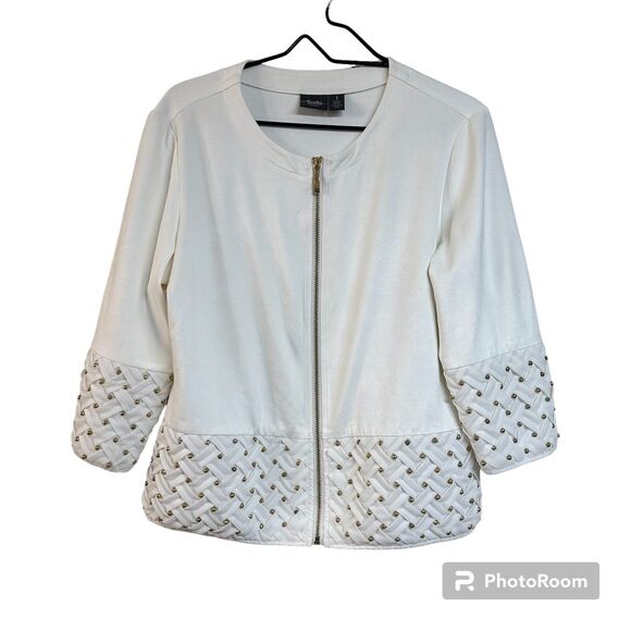 Chico's Travelers Mixed Media Collarless Faux Suede Jacket Size 1/M/8 White Gold - Picture 2 of 7